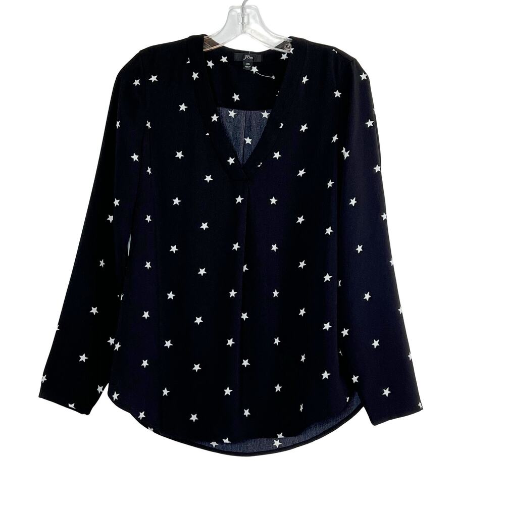 J. Crew Long Sleeve V Neck Star Popover Blouse Black White Womens XS